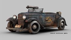 an old rusted out car sitting on top of a gray background