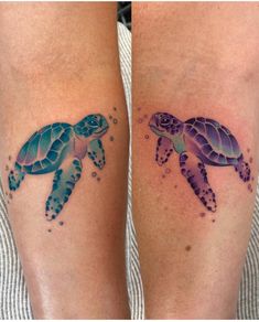 two tattoos on the legs of people with sea turtles and bubbles in their body, one is