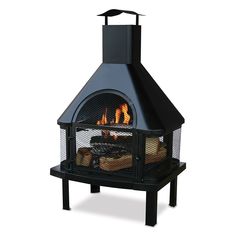 an outdoor fireplace with flames and logs