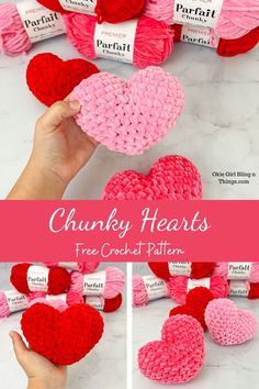 crochet hearts are shown with yarn in the shape of heart and text that reads, written & video