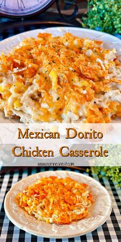 mexican doritoo chicken casserole on a white plate with a black and white checkered tablecloth