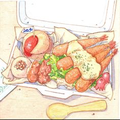 a drawing of some food on a tray