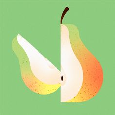 an apple and pear cut in half on a green background