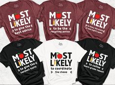 "Most Likely To School Shirts, Matching Back To School Shirts, Most Likely To Teacher Tees, Funny Teacher Team Shirts, Teacher Life Shirts ----- How To Order ----- 1-) Please, check and review all the photos. 2-) Choose your t-shirt size and color. *Different styles of shirts may have different shades of same color choice due to different manufacturer brands. *For this reason, we recommend you to match shirts from the same styles if you want precisely matching colors (ex. Unisex, V-necks, Toddle Teacher Team Shirts Funny, Middle School Teacher Team Shirts, Fall Teacher Shirts Funny, Most Likely Teacher Shirts, Team Teacher Shirts, Teacher Bestie Shirts, Middle School Teacher Shirts, Teacher Shirt Ideas, Staff Activities