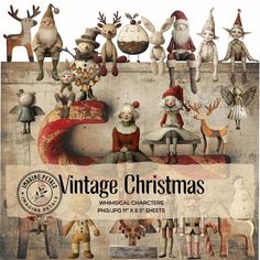 an old fashioned christmas scene with santa claus and other vintage characters, including elves, snowmen, deers, birds