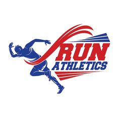 the run athletics logo is shown in red, white and blue with an image of a man running