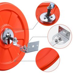 an orange wheel with four different parts attached to it and labeled on the front side