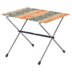 an orange and green table with wheels on it's legs, sitting against a white background