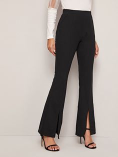 Black Elegant   Polyester Plain Flare Leg Embellished Slight Stretch Spring/Summer/Fall Women Bottoms Women Bottoms, Black Plain, Ponte Pants, Black Flare, Flare Leg Pants, Women Pants, Shein Style, Casual Style Outfits, Trendy Fashion Women