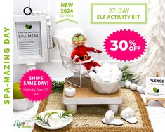 an advertisement for the holiday season with a elf sitting in a bathtub full of snow