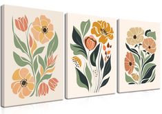 three canvases with flowers on them in orange, yellow and green colors are hanging on the wall