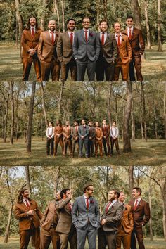 the men are all dressed up in suits and ties for this photo shoot at the park