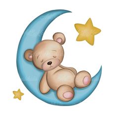 a teddy bear sleeping on the moon with stars around it's sides, in front of a white background