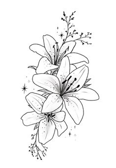 a black and white drawing of lilies on a white background with stars in the middle