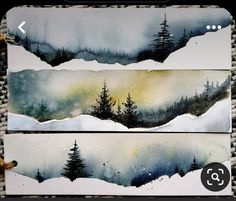 two watercolor paintings of mountains and trees in the snow, one with yellow lights