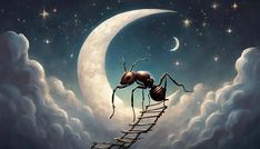 an ant climbing the ladder to the moon