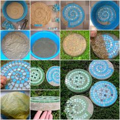 several pictures of different designs and colors of stepping stones in the grass, with one being made out of glass tiles