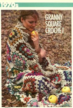 an advertisement for granny square crochet with a woman sitting on the ground eating an apple