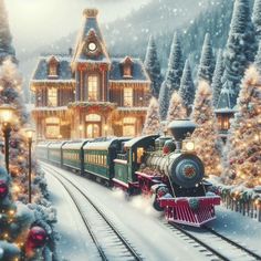 a christmas train is coming down the tracks in front of a lit - up house