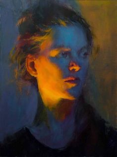 a painting of a woman's face with yellow light coming from behind her head