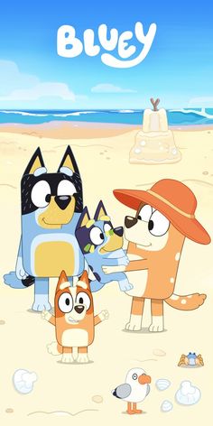 cartoon characters on the beach with bluey and friends in front of an ocean background