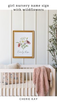 Girl Nursery Name Sign With Wildflower Art Framed With A Gold Frame Girl Nursery Name Sign, Unique Nursery Decor, Nursery Decor Ideas, Newborn Room, Wildflower Art, Nursery Name Sign, Nursery Decor Neutral, Dollhouse Ideas, Wall Art Botanical