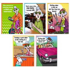 four cartoon cards with an old woman driving a pink car and two men talking to each other