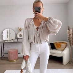 New With Tags. Asymmetric Hem, V-Neckline. Tops Online Shopping, Fashion Black And White, Plain Tops, Chiffon Long Sleeve, Neutral Outfit, Fashion Elegant, Solid Color Shirt, Plain Shirts, Fashion Black