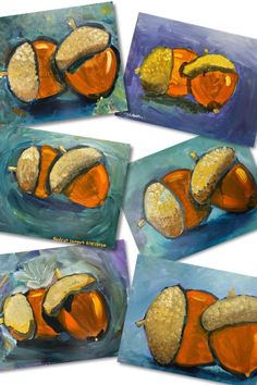 four paintings of oranges and bananas on blue paper