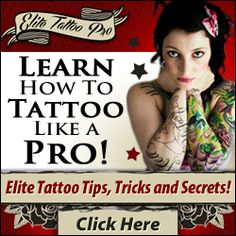 a woman with tattoos on her arms and chest, in front of a sign that says learn how to tattoo like a pro