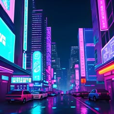 a city street at night with neon lights and cars parked on the side of the road