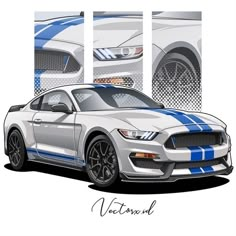 a drawing of a white mustang with blue stripes on it's front and side