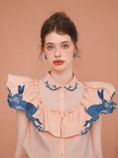 blue rabbit embroidery collar blouse – remulia Rabbit Embroidery, Embroidery Collar, Blue Rabbit, Mode Inspo, Collar Blouse, Embroidered Blouse, Night Sky