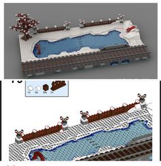 a lego model of a ship with snow on the roof and water in the background