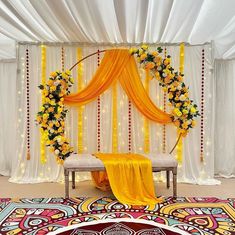 Indoor Decor For Haldi Ceremony Indian Backdrop Decoration, Mendhi Decor Ideas, Holud Decoration At Home, Haldi Backdrop At Home, Mehndi Decor At Home Backdrops, Indian Backdrop Ideas, Mehndi Stage Decoration At Home, Home Wedding Decorations Indian, Mehendi Stage Decoration