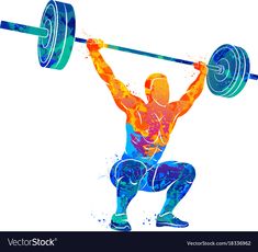 a man with a barbell in his hands and watercolor splashs on the background