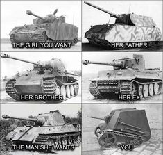 four different types of tanks with the caption's in english and german language