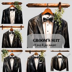 the groom's suit is hanging on a wooden rail and has greenery in it