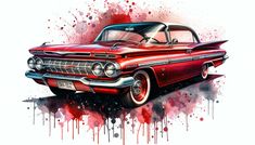 an old red car painted in watercolor