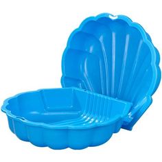 two blue plastic dishes sitting next to each other