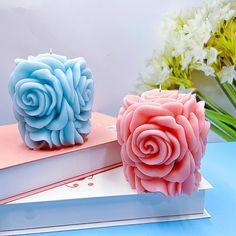 two pink and blue roses sitting on top of books