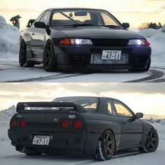 two pictures of a car in the snow and one is black with gold rims