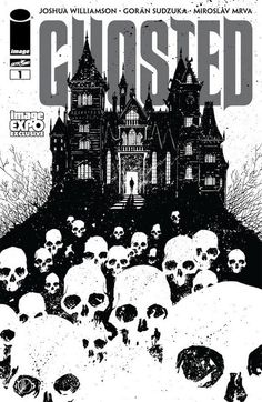 a black and white image of skulls in front of a castle with the words ghosted written