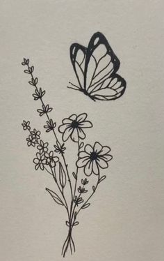 a drawing of a butterfly flying over flowers