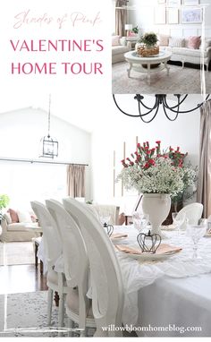 valentine's home tour with white furniture and flowers in vases on the table