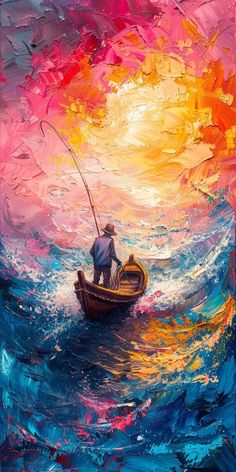 a painting of a man in a boat with a fishing rod on the water at sunset