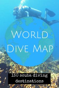 the words world dive map are in front of an image of scuba divers and corals