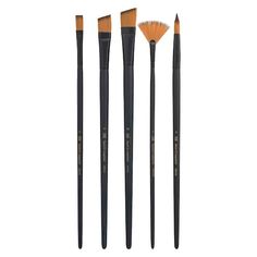 five brushes are shown in different sizes and colors