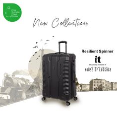 a black suitcase sitting on top of a white floor next to an advertisement for the new collection