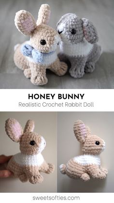 two crocheted stuffed animals sitting next to each other with the words honey bunny on them